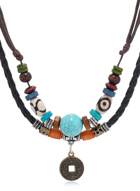 欧美复古风多层松石串珠编织皮革项链个性合金古铜钱币吊坠男项链