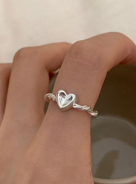 s925纯银爱心戒指女冷淡风小众设计ins光面心形麻花扭绳开口指环