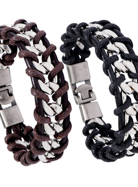 跨境热销配饰欧美男士牛皮编织手链个性朋克风链条手环潮流饰品