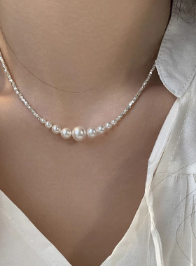 s925纯银碎银子珍珠项链女ins夏小众设计高级感简约仿珍珠锁骨链