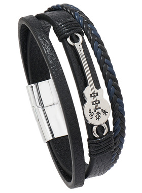 欧美新款朋克皮革手环潮男流行吉他PU皮手链时尚多层编织磁扣手环