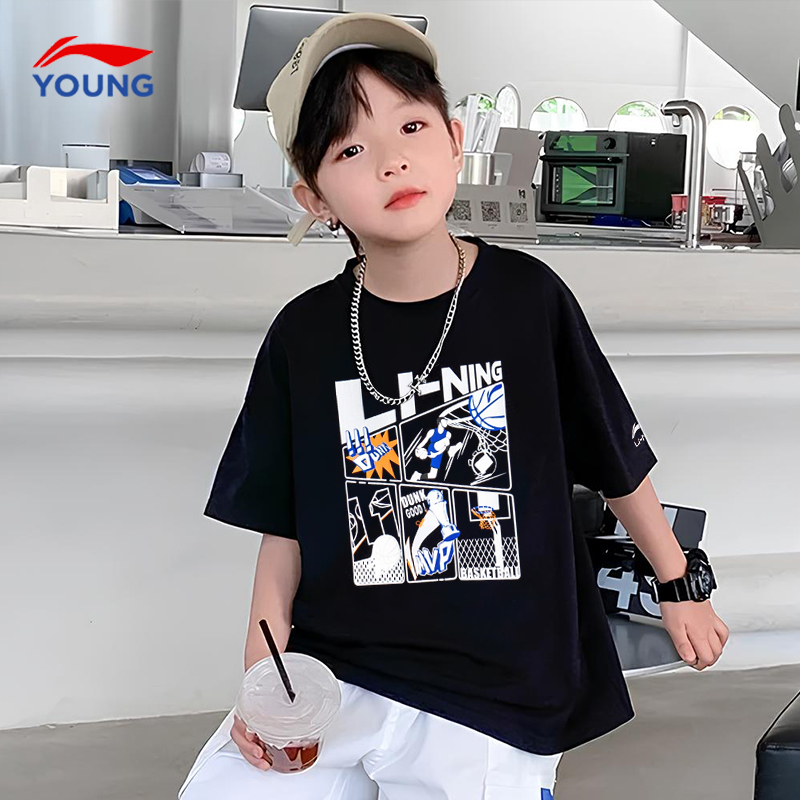 李宁男童短袖儿童t恤2025夏装新款棉质吸汗透气黑色运动短袖女童