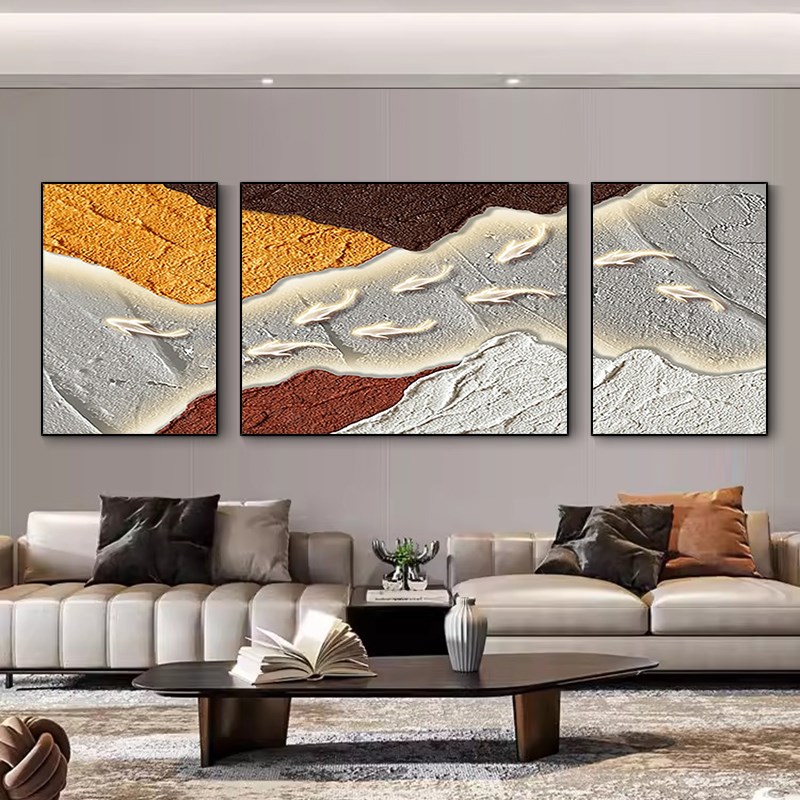 好货手绘油画《九鱼聚财》三联组合客厅沙发背景墙装饰画肌理挂画
