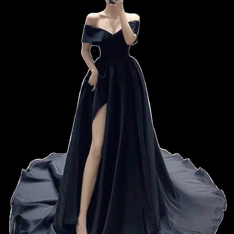 黑色一字肩晚礼服2025高贵优雅显瘦舞台演出大摆拖尾开叉缎面长裙