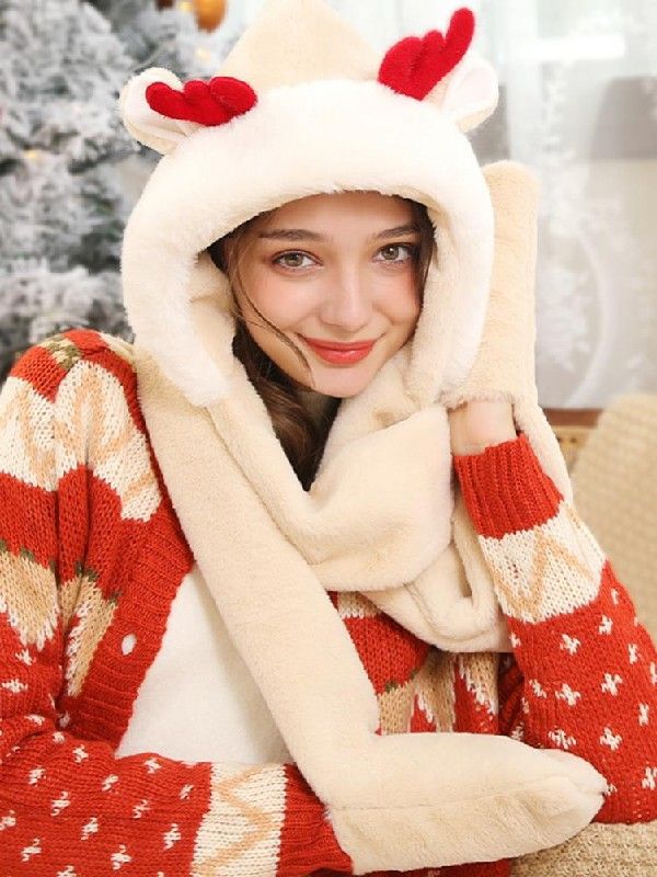 极速Hat Gloves Scarf In 1 Set Winter Plu Cartoon Antlers