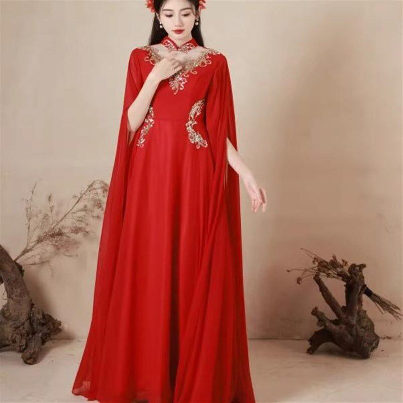 演出礼服成人中国红色长裙显瘦古筝舞台独唱演奏服主持演出合唱团