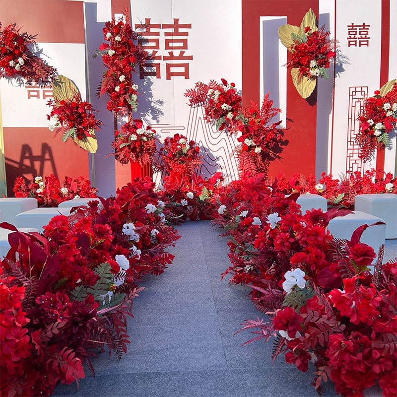 速发新款婚庆中式地排花绢花成品饰装尤加利花排T台路引婚礼花艺