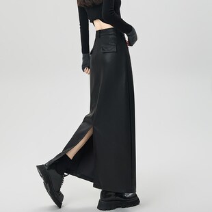 速发黑色计u皮裙半身秋裙冬新款 高腰设p感开叉一步裙a字包臀长裙