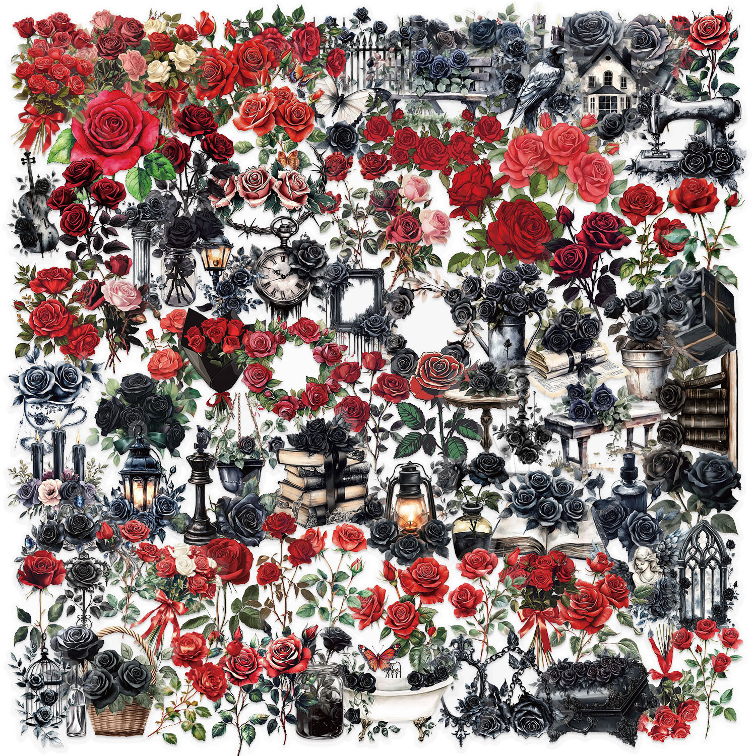 100张透明无白边超薄红色玫瑰花贴纸暗黑玫瑰DIY手账装饰手机壳吉他平板电脑冰箱笔记本玻璃水杯吉他贴画防水