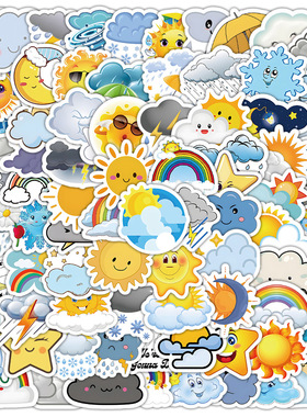 100张迷你新款天气预报晴空乌云太阳贴纸儿童DIY手账手工笔记本电脑平板ipad手机壳后背行李箱装饰贴画防水