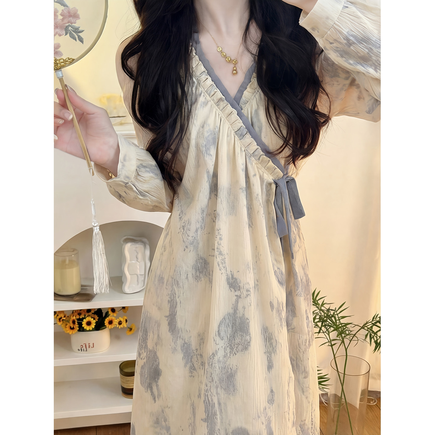 睡衣女款2026新款夏季新中式国风扎染薄睡袍甜美长睡裙浴袍家居服