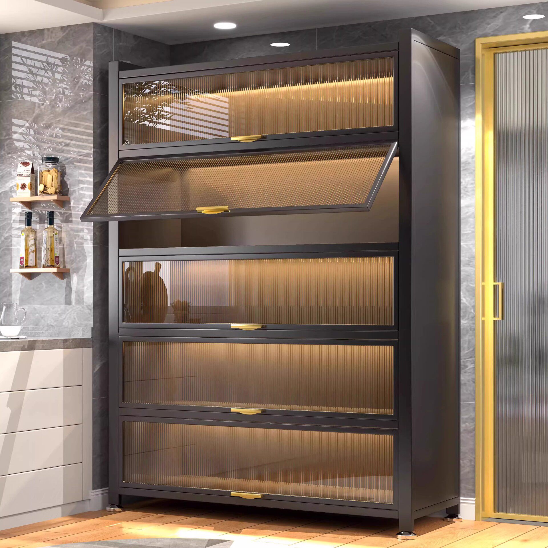 厨房防尘柜置物架落地多层家用餐边柜靠墙一体式收纳柜锅具储物柜