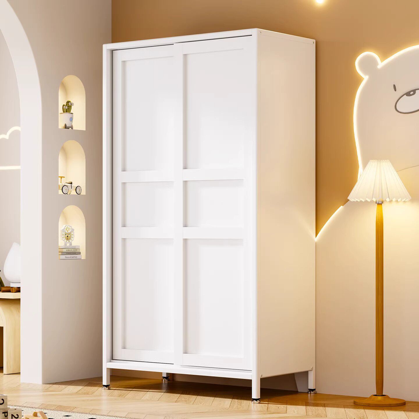 钢制推拉门衣柜卧室家用加厚铁艺收纳柜出租房用简易儿童宝宝衣橱