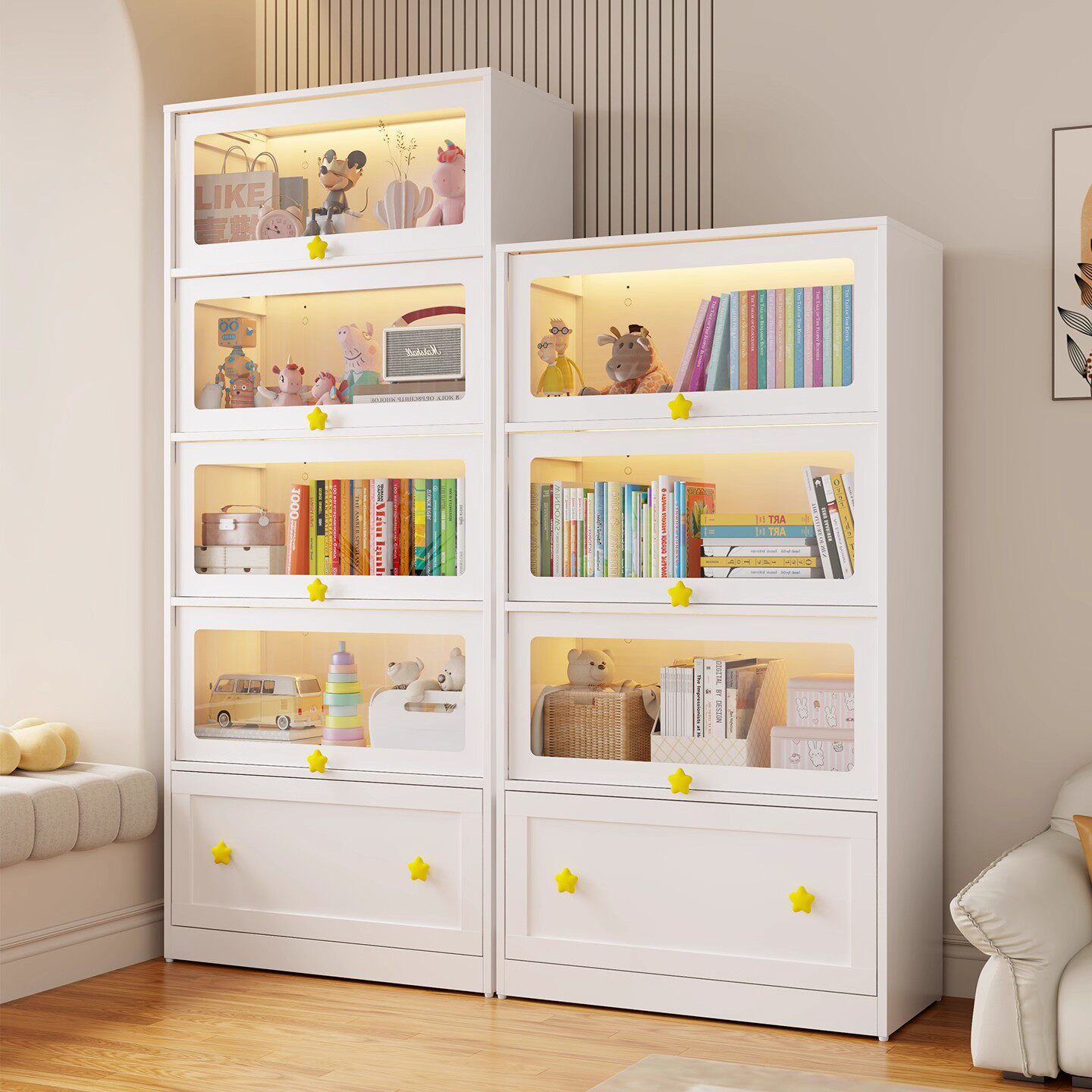 钢制收纳柜玻璃门书柜防尘斗柜落地多层家用客厅展示柜儿童储物柜