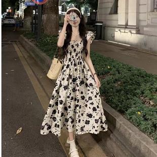 碎花中长裙杏色 超仙森系连衣裙夏季 新款 小飞袖 甜美气质温柔风法式