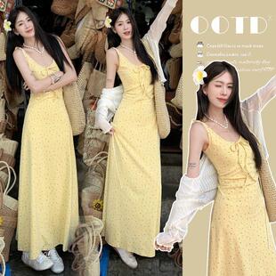 2025夏季 清新甜美连衣裙 收腰显瘦法式 碎花蝴蝶结吊带长裙高腰修身