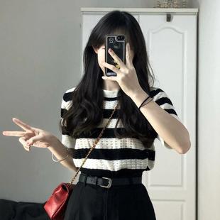 短袖 新款 条纹针织衫 t恤女2025夏季 ins潮 韩版 独特别致学生上衣短款
