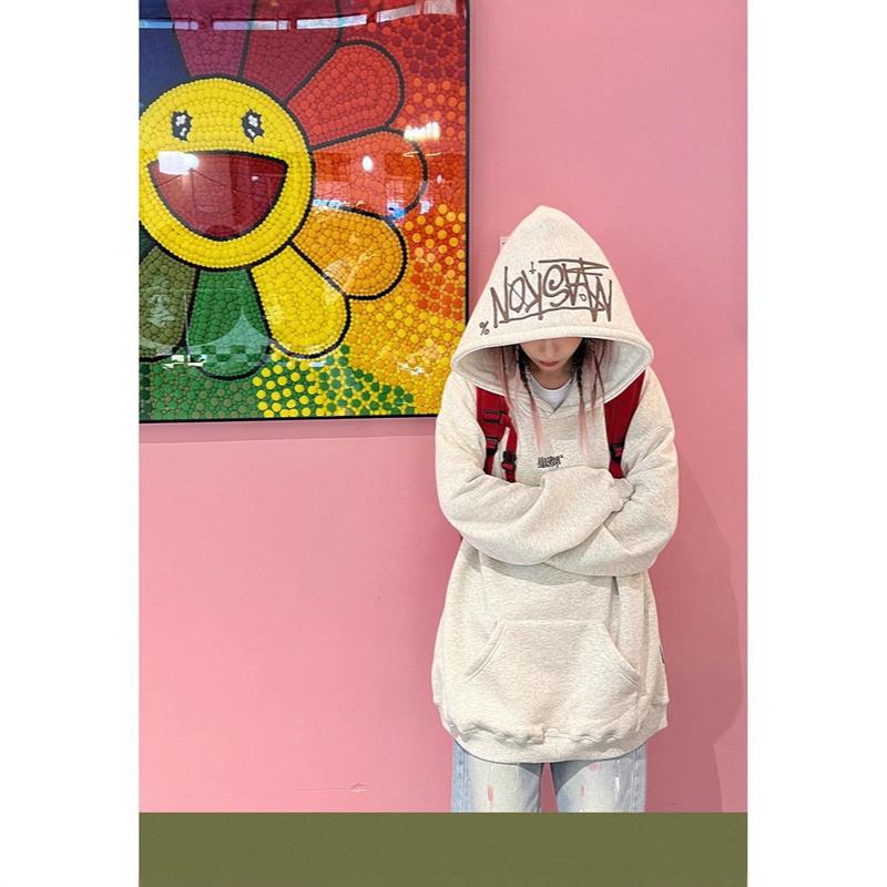 潦草字母刺绣连帽卫衣男重磅加绒美式秋冬男女生运动休闲上衣外套