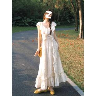 荷葉邊V領(lǐng)碎花連衣裙女夏季 法式 穿搭收腰顯瘦氣質(zhì)海邊度假風(fēng)長裙