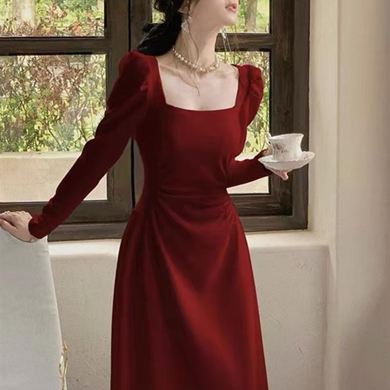 红色长袖连衣裙女春秋法式订婚礼服新娘敬酒服平时可穿红裙子长裙