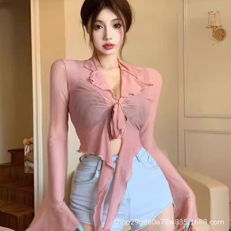 新款女装辣妹网纱系带开衫长袖衬衫春夏秋喇叭袖显瘦防嗮短款上衣