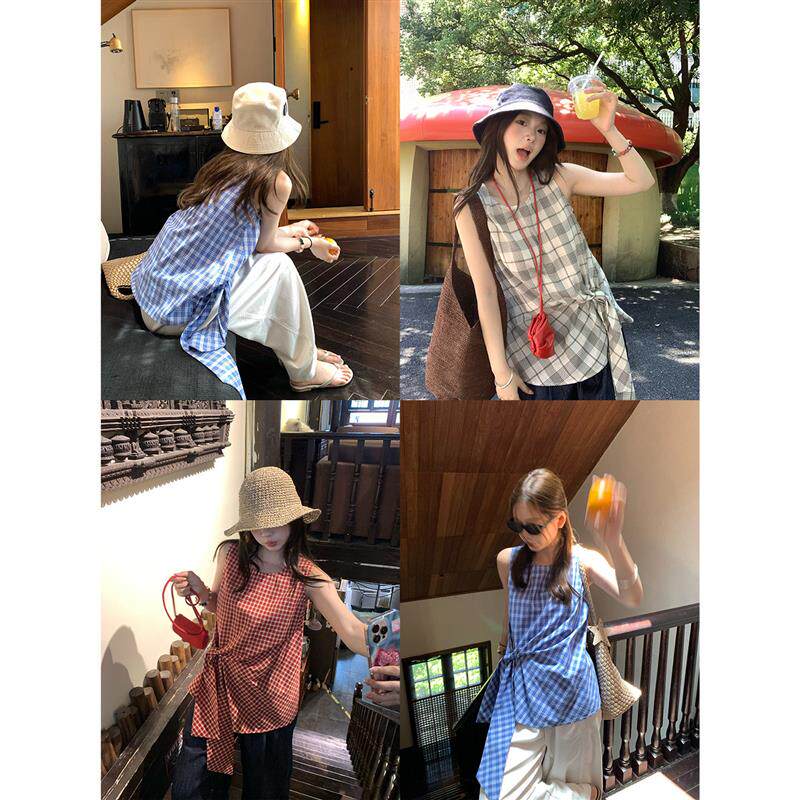 im向 伦敦格调’时髦简系格纹上衣女夏设计感绑带圆领格子背心