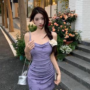 海边度假收腰裙子 法式 紫色蝴蝶碎花吊带连衣裙女装 夏季 2025年新款
