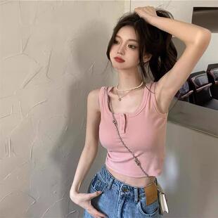 粉色吊帶背心女內(nèi)搭打底2025夏季 U領(lǐng)工字上衣 甜辣風外穿短款 新款