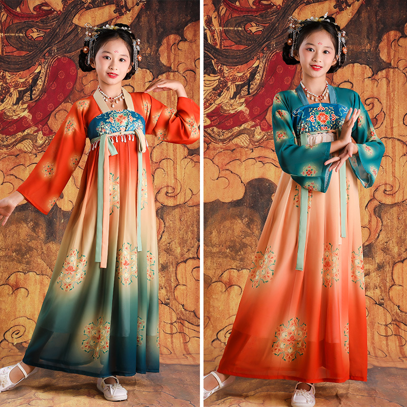 汉服女童春款仙气儿童敦煌飞天异域夏季舞蹈演出服长袖唐制连衣裙