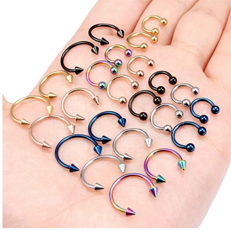 新品2Pcs Nose Rings Surgical Steel Cone Spike Horseshoe Circ