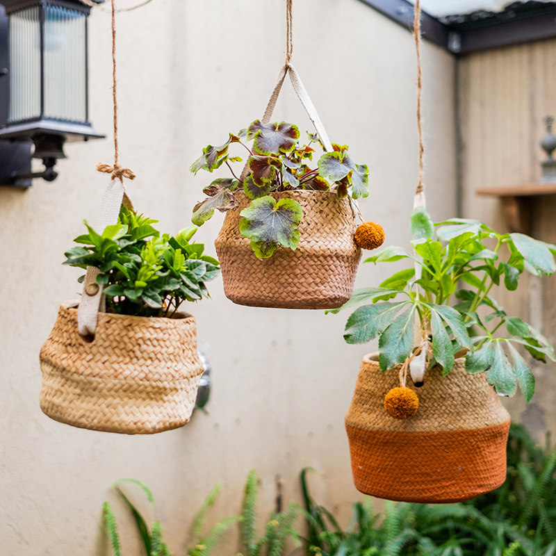 草编效果水泥吊篮花盆器手提装饰糖果色北欧壁挂家居客厅摆件