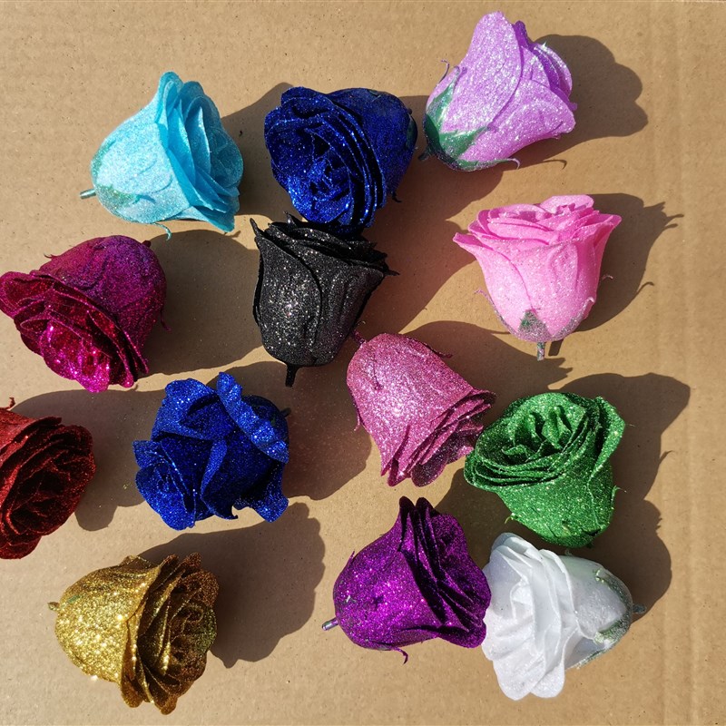 水晶金粉玫瑰花头蓝色妖姬仿真玫瑰花永生花七夕香皂花束包装材料