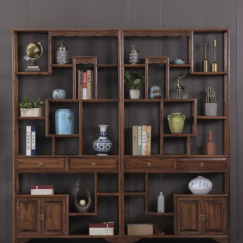 博古架实木新中式置物架茶室展示架办公室摆件隔断架子茶叶展示柜