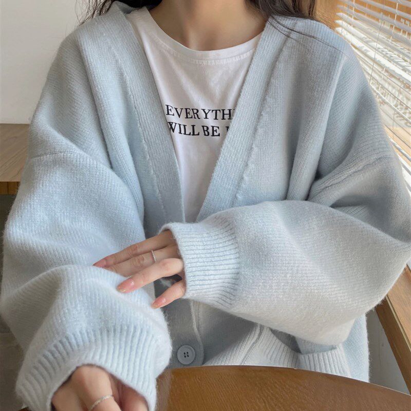 极速蓝色奶系秋冬毛衣开衫女2023新款慵懒风宽松V领温柔针织外套