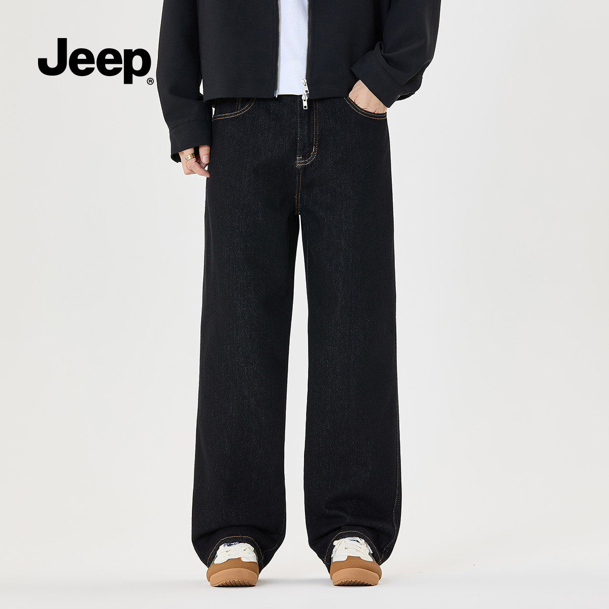JEEP/吉普2025美式复古水洗黑色牛仔裤男女宽松直筒牛仔长裤X