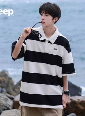 jeep吉普poo衫男士2025夏季新款简约风休闲短袖t恤翻领上衣服S