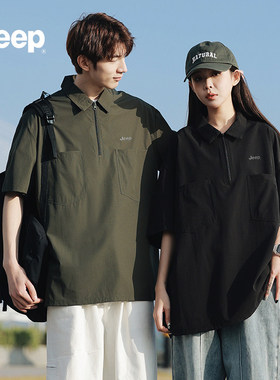 jeep吉普翻领POO衫短袖衬衫男夏季新款青少年潮牌五分t恤男女S