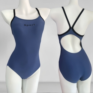 藏青色新款 显瘦遮肉速干专业训练游泳馆专用连体三角泳衣 女士修身