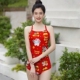 马上有钱新年款 红色女士固定胸垫游泳速干连体三角泳衣卡通胖妹妹