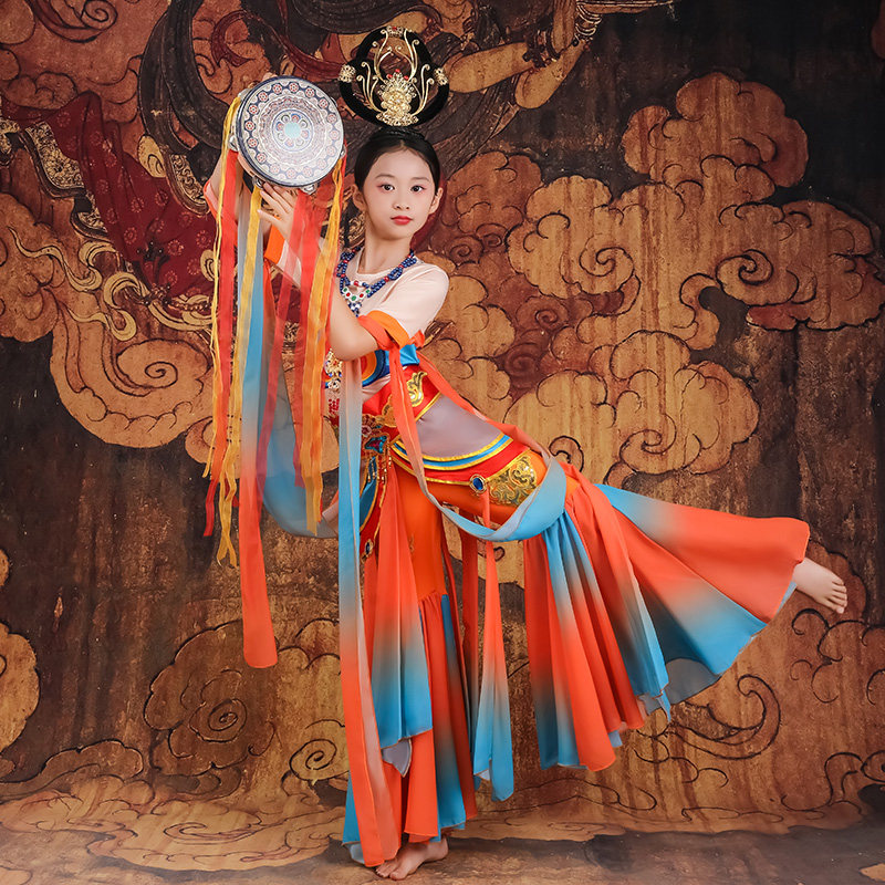 敦煌舞蹈演出服女少儿飞天乐鼓西域风情古典舞反弹琵琶表演服套装