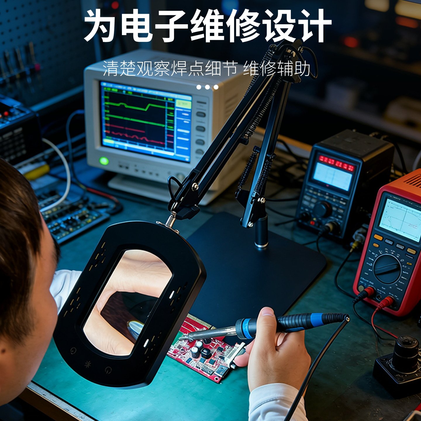 新款台式方形放大镜铁板底座LED灯冷光美容美甲维修阅读学习带灯