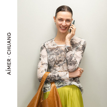 AIMER CHUANG/爱慕创25空气印花圆领长袖上衣女打底CA721681
