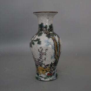 大清干隆年制粉彩玉兔吃草图花瓶 古董瓷器收藏摆件家居展柜装饰