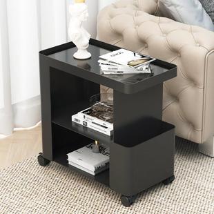 黑色沙发边几可移动小茶几客厅轻奢小推车铁艺带轮玻璃床头柜网红