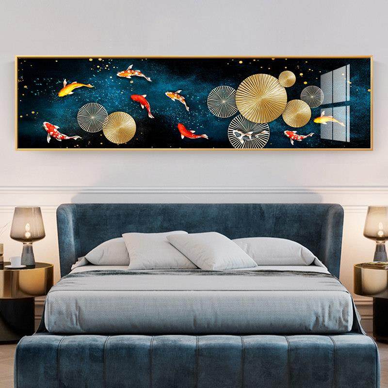 吉祥九鱼图卧室装饰画床头挂画长方形墙面壁画简约现代晶瓷画横版