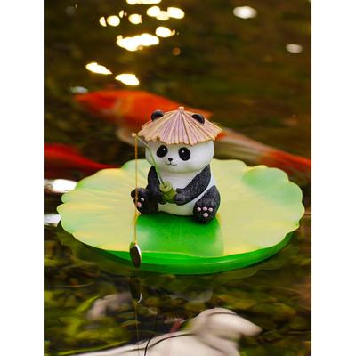 水上漂浮荷叶熊猫钓鱼缸造景流水鱼池可贴鱼食片悬浮水装饰品摆件