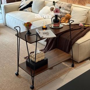 简约北欧小推车实木边几置物架沙发可移动茶几铁艺餐车中古客厅