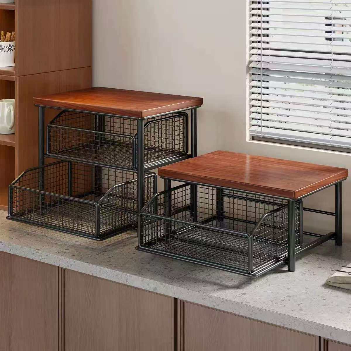 桌面置物架餐桌零食整理架抽拉式分层茶杯茶包咖啡机微波炉收纳架