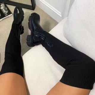 网红Ladies Knee High Boots Womens Thick Heel Slim Winter Plu