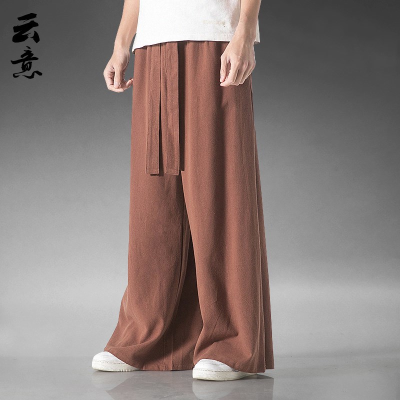 新品夏季棉麻休闲裤子男中国风宽松大码阔腿裙裤垂感直筒亚麻透气